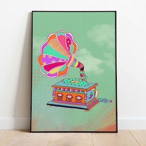 Gramophone Poster Print, Housewarming New Home gift, Colourful Digital Art, Indian Pop Art