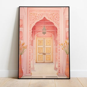 Jaipur Indian Palace Art Set, Rajput Royal Prints, Living Room decor, Indian Door Painting, Pink City Water Color painting, Indian Doors