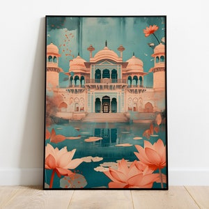 Indian Fort & Pink lotus Blossoms, Whimsical Indian Palace, Jaipur Poster, Rajasthan Palace, Living Room Decor, India Travel Decor