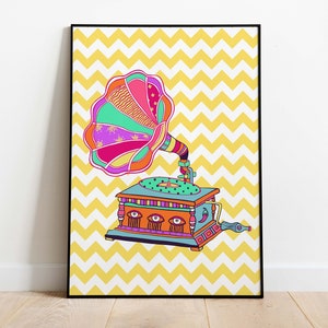 Gramophone Poster Print, Housewarming New Home gift, Colourful Digital Art, Indian Pop Art
