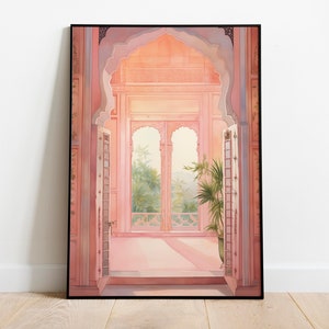 Indian Palace Art, Rajput Royal Fort, Indian Door Painting, Pink City Water Colour painting, Indian Doors, Indian Arches, Mughal Painting