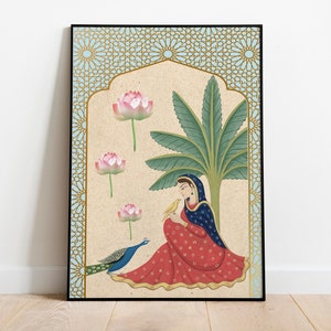 Peacock and Princess Indian Art, Floral & Nature Prints, Living Room decor, Printable, Indian Lotus Digital Art, Poster, Wall Art,Paintings