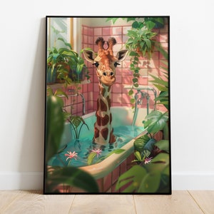 Giraffe in a tub, Bathroom Wall Art, Botanical Animal Print, Maximalist Animal in Bath Wall Art, Tropical Bathroom, Jungle Bathroom Decor
