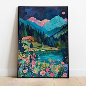 Floral Garden Valley Mountain Art Print, Colorful Maximalist Scenery (Digital Art)