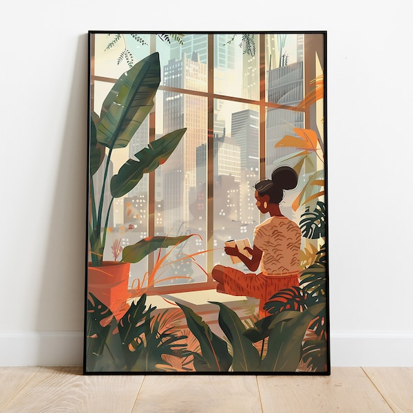 Chica leyendo un libro de arte, arte boho, arte afroamericano, arte de pared de amantes de los libros africanos, arte indio, lectura de chica marrón, regalo amante de las plantas