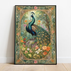 Peacock Indian Art Wall Art - Vintage Palace Royal Painting Poster - Floral Nature Forest Maximalist Prints,  Living Room Decor