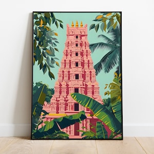 Indian Tamil Nadu Temple Wall Art, Pink Indian Wall Decor, Living Room decor, Vintage Monument Prints, Chennai Wall Art