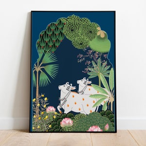May include: A digital illustration of two white cows with orange spots and gold jewelry walking through a lush green forest. The forest is framed by a blue archway with a dark blue background.