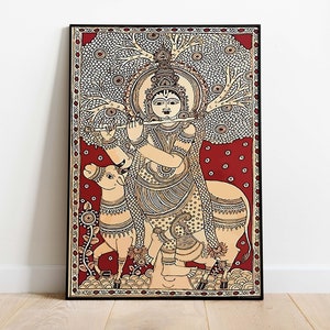 Indische Kalamkari Malerei, indische Krishna Kunst, Wohnzimmer Dekor, Vintage indische Volkskunst Poster, Wandkunst, digitaler Download.