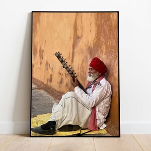 Indian Wall Art, Jaipur Travel Poster, Living Room decor, Printable, Vintage, Indian Man Musician Poster, Wall Art, Paintings