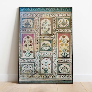 Vintage Indian Art, Floral Palace Paintings, Home decor, Mughal Floral Motifs, Indian Poster, Bohemian Wall Art