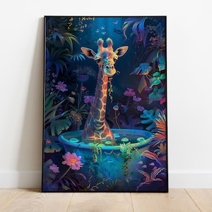 Giraffe in a tub, Bathroom Wall Art, Botanical Animal Print, Maximalist Animal in Bath Wall Art, Tropical Bathroom, Jungle Bathroom Decor