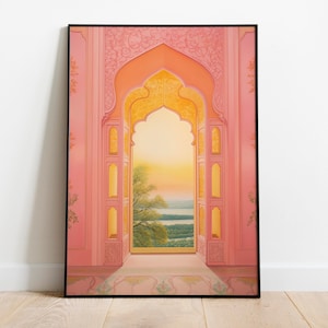 Jaipur Indian Palace Art, Rajput Royal Prints, Living Room decor, Indian Door Painting, Pink City Water Color painting, Indian Doors