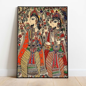Indian Madhubani Painting, Sita Ram Wall Art, Vintage Indian Folk Art Poster, Living Room decor, Digital Download.