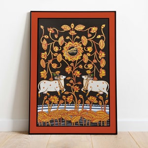 Indian Folk Art, Kuh Drucke, Wohnzimmer Dekor, Printable, Indian Vintage, Printables, Pichwai Malerei, Poster, Wandkunst, Gemälde