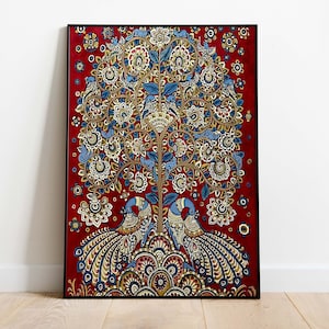 Indian Peacock Kalamkari Painting, Vintage Indian Tree of Life Folk Art Poster, Living Room decor, Wall Art, Digital Download.