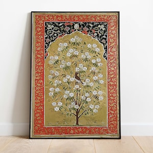 Vintage Mughal Floral Bird Wall Art, Living Room Decor, Indian Painting, Indian Poster, Poster, Wall Art, Paintings, 1800BC