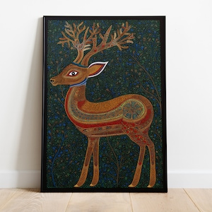 Indian Deer Gond Painting, Tribal Folk Art, Living Room decor, Vintage Indian Poster, Wall Art, Digital Download, Indian Traditional Poster