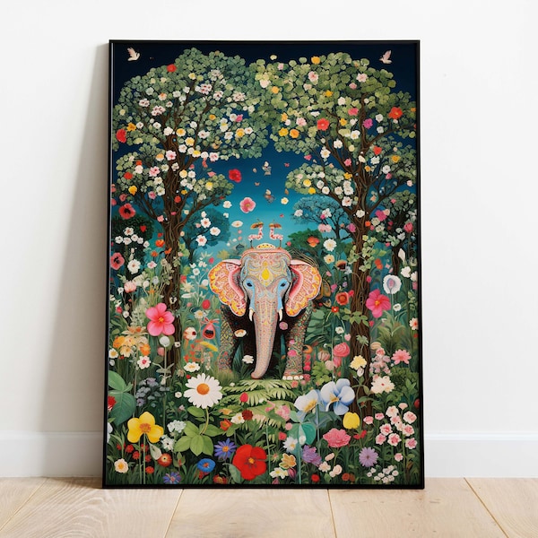 Indian Elephant Art, Nature Poster Prints, Living Room decor, Printable, Indian Dreamy Whimsical Palace Elephant Painting