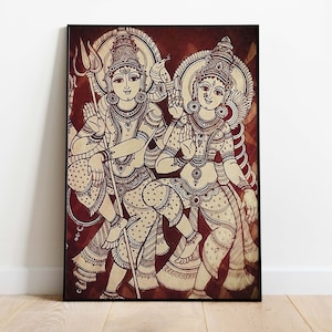 Indische Kalamkari Malerei, Shiva und Parvathi Vintage indische Kunst Plakat, Wohnzimmerdekor, Wandkunst, digitaler Download.