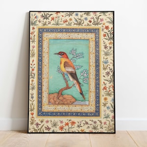 Vintage Mughal Bird Wall Art, Indian Painting Poster for Living Room Decor, Unique Home Aesthetic & Gift Idea