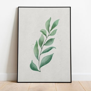 Arte botánico de acuarela, hoja blanca y verde salvia, decoración de pared moderna abstracta, arte de granja, arte de pared botánico, dejar pintura de plantas