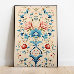 Vintage Indian Art, Floral Palace Paintings, Home decor, Mughal Floral Motifs, Indian Poster, Bohemian Wall Art