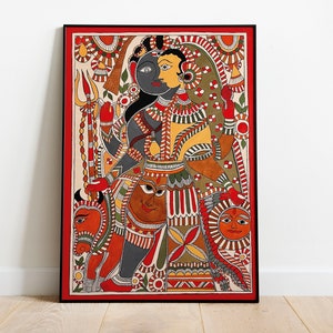 Indian Madhubani Painting, Shiva Parvathi, Living Room decor, Vintage Indian Folk Art Poster, Wall Art, Digital Download.