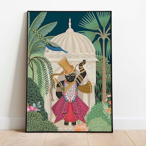 Indian art, Shreenathji Pichwai, Hindu folk decor, printable Krishna painting, home decor, vintage art, religious art, instant download