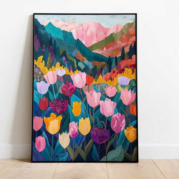 Abstract Tulip Garden Mountain Artwork, Colorful Wall Art, Abstract Art, Living Room Print, Scenery Art, Floral Hills, Pink Painting