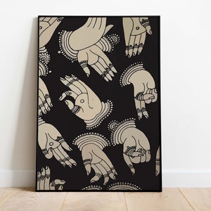 Indian bharatnatyam Kalamkari Painting, Indian Dance Mudra Art Poster, Living Room decor, Neutral Indian Wall Art, Indian Dancer Gifts
