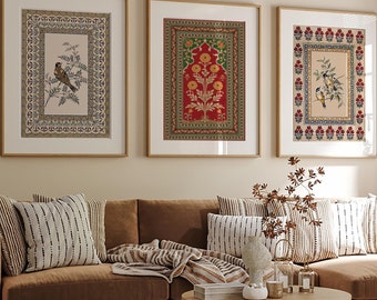 Láminas de arte folclórico indio / Decoración de pared vintage con flores y pájaros (Juego de 3)