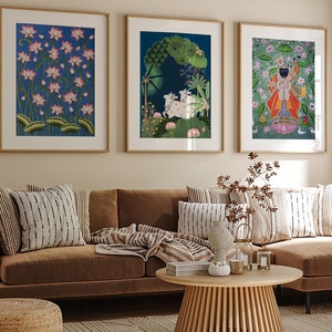 Indian Folk Art Pichwai Prints Set of 3 – Shreenathji Vintage Paintings for Living Room Gallery Wall Decor Bundle