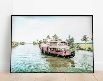 Kerala woonboot print, Zuid-India reizen muurkunst (digitale download)