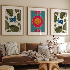 Indian Folk Art, SET OF 3 Prints, Living Room decor, Gallery wall set, Indian Pop Art, Pichwai Painting, Poster Bundle