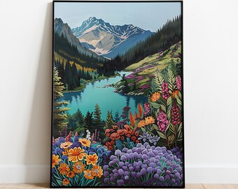 Maximalistisches Bergtal Kunstwerk, Bunte Wandkunst, Abstrakte Kunst, Patchwork Illustration, Wohnzimmer Druck, Landschaftskunst, Blumenhänge