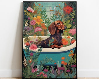 Dachshund in Floral Bath, Funny Pet Art (Digital Download)