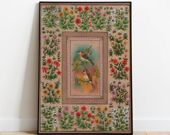 Vintage Indian Bird Art Print, Persian Floral Poster (Digital Download)