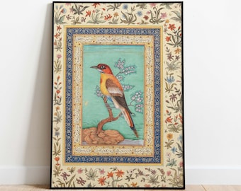 Lámina artística vintage de aves mogoles, póster de pintura india (descarga digital)