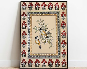 Muurkunst Mughal Bird, vintage Indiaas schilderij (digitale download)