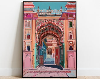 Jaipur Indian Palace Art Print, Rajput Royal Watercolor Painting, Pink City Living Room Decor, Indian Monument Archway Decor