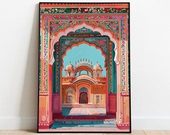 May include: A colorful illustration of a building with intricate archways and a blue sky in the background. The building is decorated with floral patterns and geometric designs in shades of pink, orange, green, and blue.