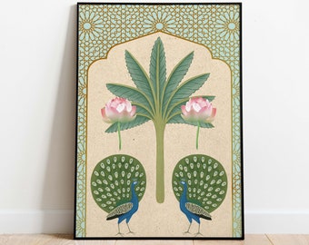 Peacock Indian Art Print, Lotus Flower, Nature Wall Decor (Digital Download)