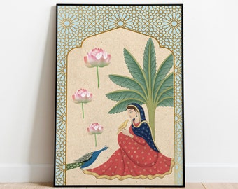 Peacock Princess Indian Art Print, Lotus Floral Wall Decor (Digital Download)