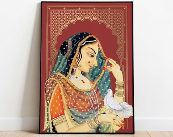 Indian folk wall Art, Royal Princess with Pigeon, Living Room decor, Printable, Indian Vintage Palace Painting, Poster, Wall Art, Paintings