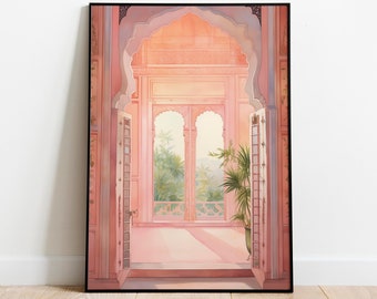 May include: A watercolour painting depicting a pink archway leading to a balcony with a view of lush greenery. The archway is adorned with intricate details and the balcony is enclosed by a railing.