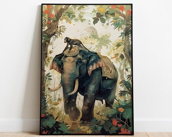 Elephant & Monkey Royal Art Print, Vintage Palace Painting (Printable Wall Art)