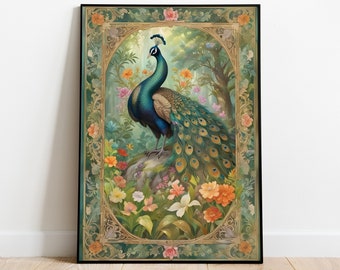 Peacock Art Print – Vintage Indian Floral Palace Royal Painting (Digital Download)