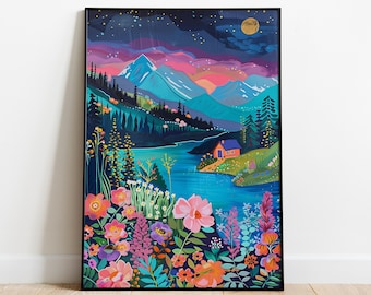 Floral Mountain Landscape Art Print, Colorful Maximalist Scenery (Digital Download)