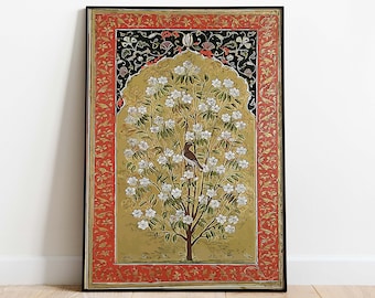 Lámina artística vintage mogol con aves y flores (descarga digital)